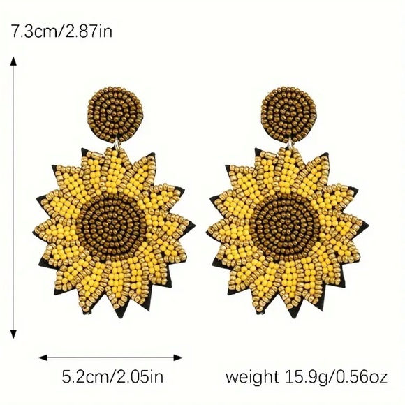 Handwoven Bead & Sequin Sunflower Earrings - Picture 2 of 2